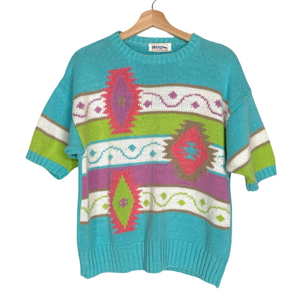 Vintage 80’s American Weekend Sweater Women’s Large Blue Colorful Knitted Granny